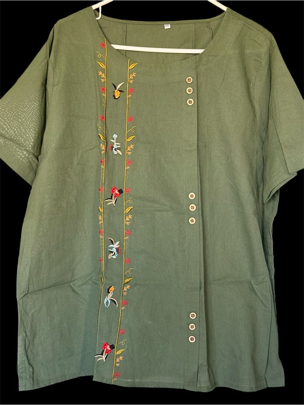 Olive Green Embroidered Button-Front Tunic Size 4XL Cute!